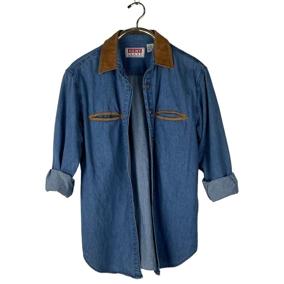 VINTAGE HGNY JEANS LEATHER TRIM DENIM BUTTON DOWN SHIRT - Picture 5 of 13